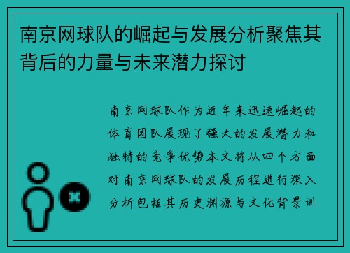 南京网球队的崛起与发展分析聚焦其背后的力量与未来潜力探讨